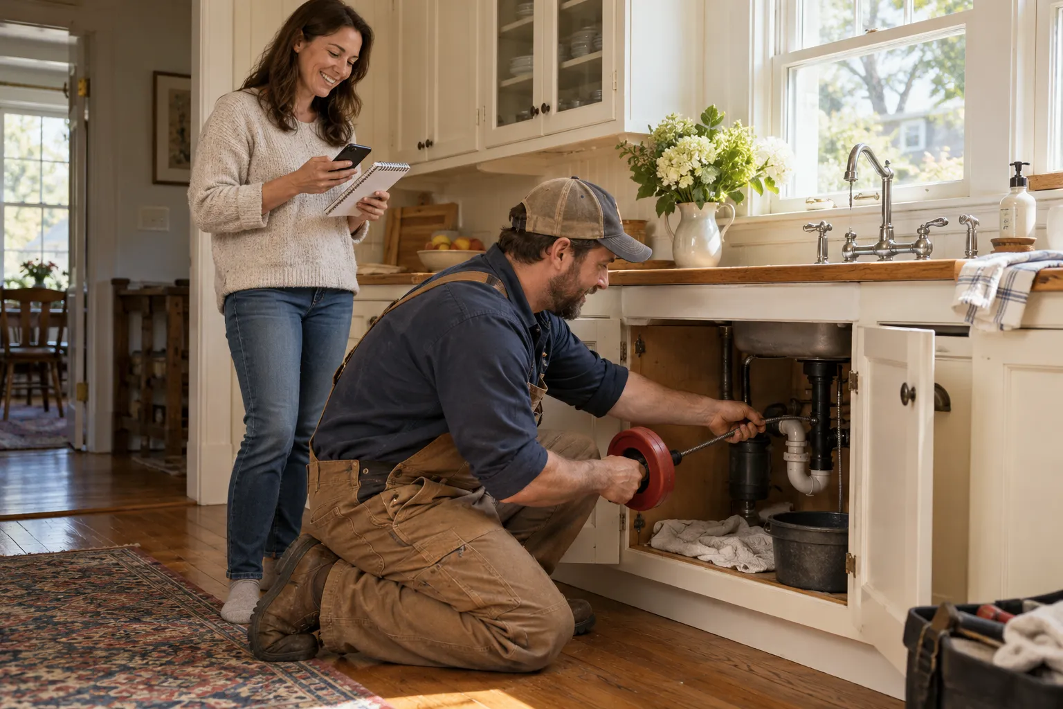 A friendly plumbing provider clearing a kitchen sink drain in a Newton home