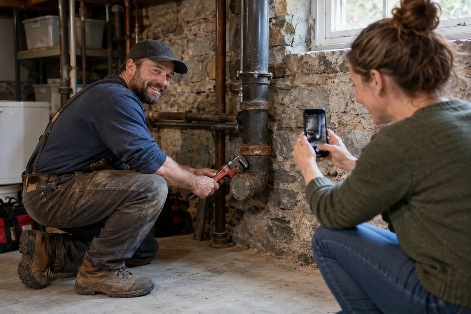 A friendly local plumber and a homeowner checking an exposed pipe in a basement in Newton
