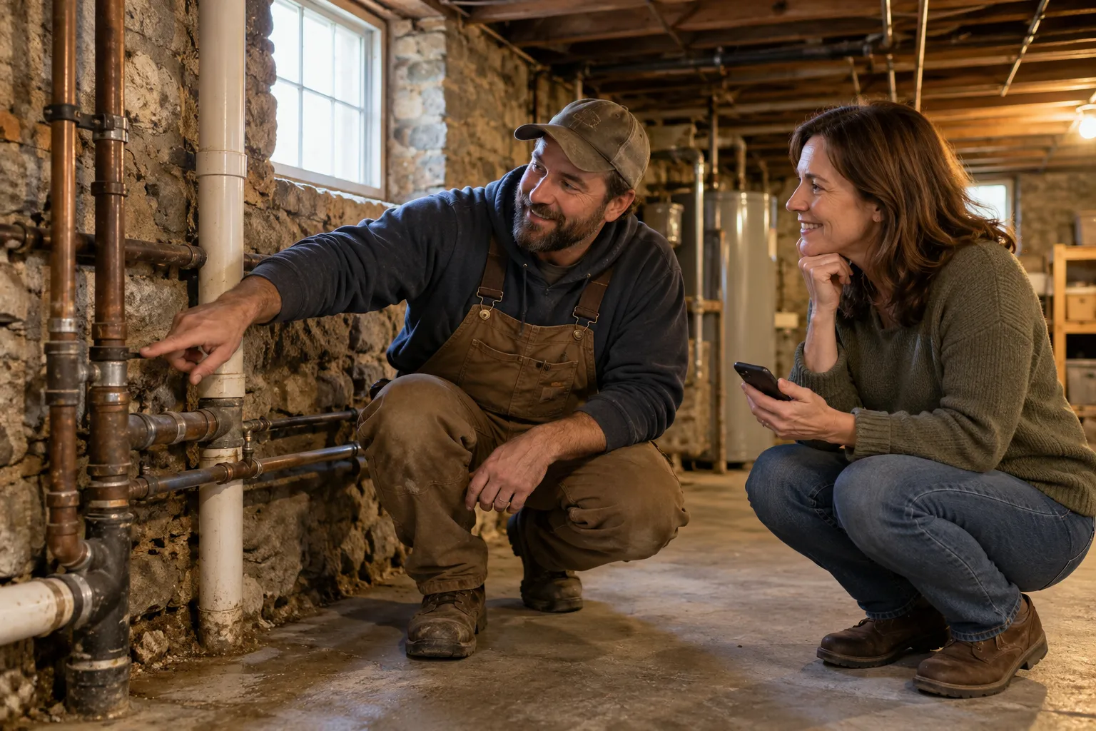 A friendly local plumbing provider talking with a homeowner beside a basement pipe in Newton