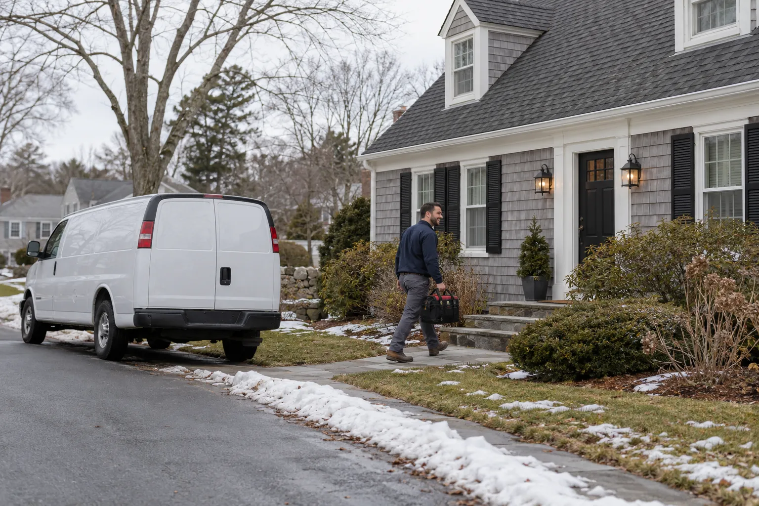 Older Cape Cod style home with snow on the roof in the Newton area